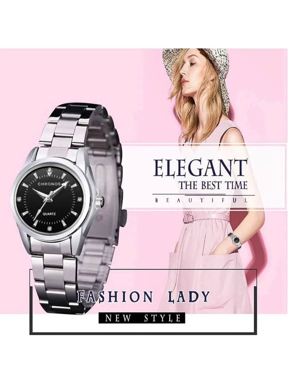 Women's Black Stainless Steel Band Dress Analog Quartz Waterproof Wrist Watches